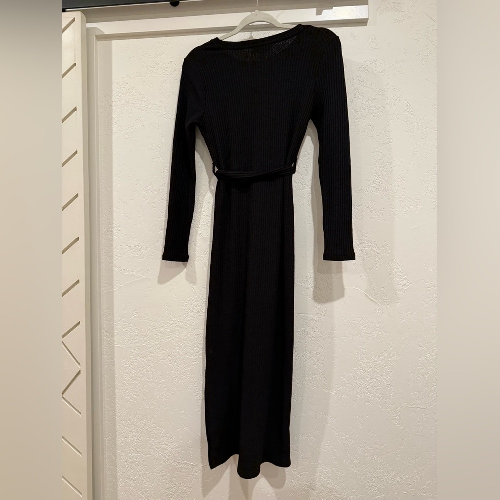 Topshop Black Ribbed Long Sleeve Knit Dress With Belt Size 6 - Picture 2 of 4